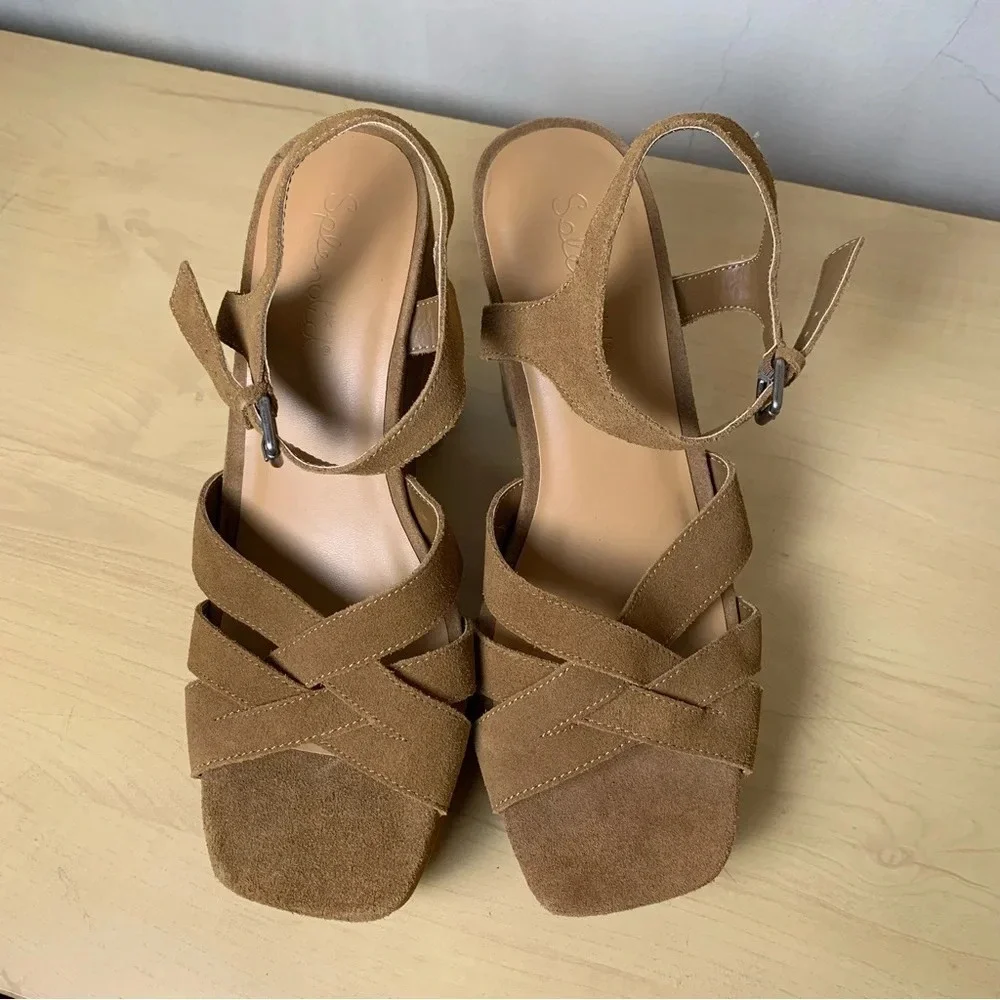 Splendid Piper Platform Slingback Chunky Sandals Brown Suede Block Heel Size 9.5